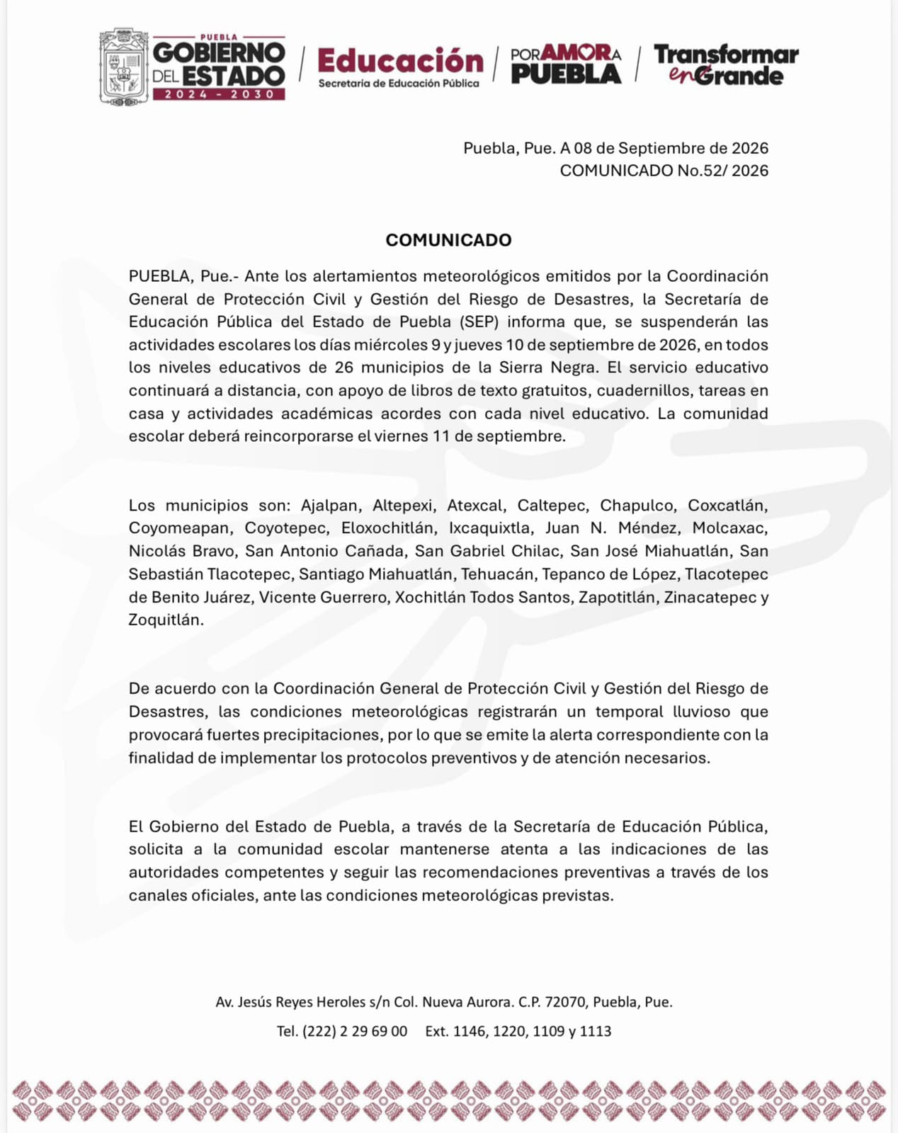 Comunicado de la Secretaría de Educación Pública