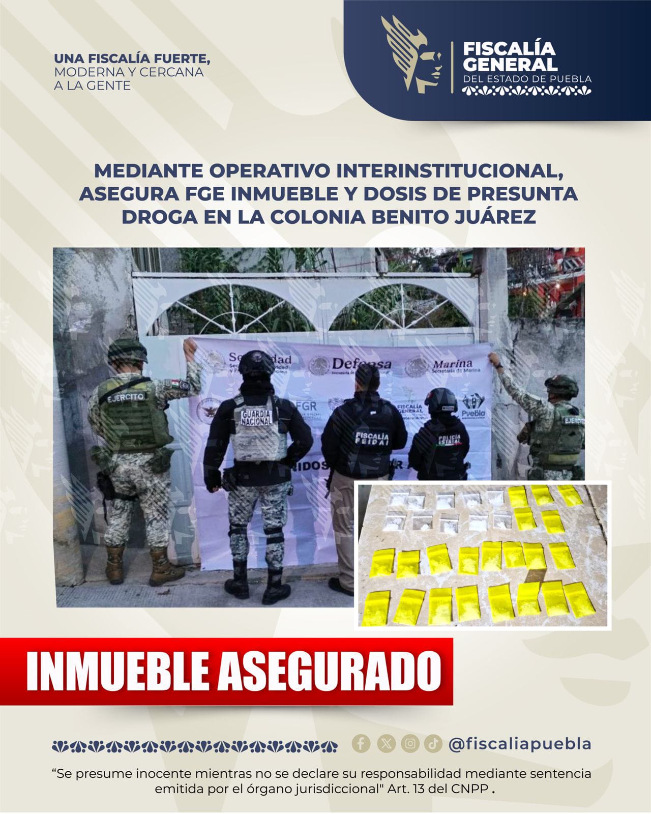Mediante operativo interinstitucional, asegura FGE inmueble y dosis de presunta droga en la colonia Benito Juárez