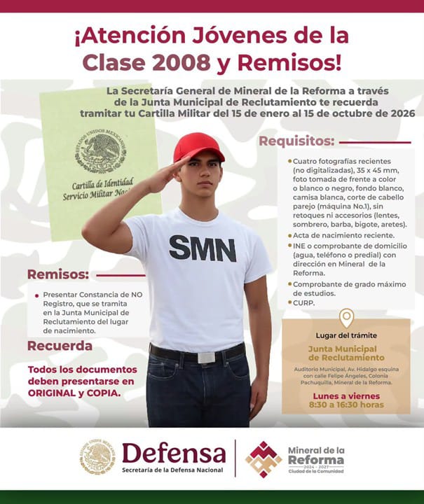Continua vigente el periodo para realizar el trámite de la Cartilla de Identidad del Servicio Militar Nacional en Mineral de la Reforma