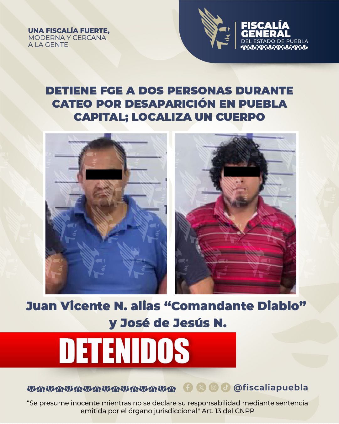 Detiene FGE a dos personas durante cateo por desaparición en Puebla capital; localiza un cuerpo