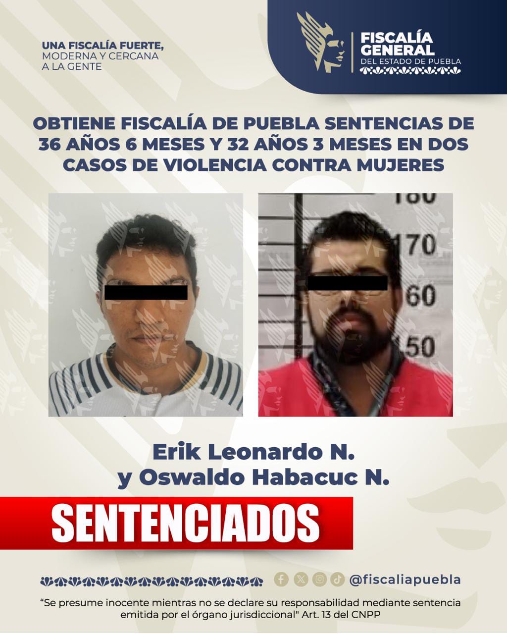 Obtiene Fiscalía de Puebla sentencias de 36 años 6 meses y 32 años 3 meses en dos casos de violencia contra mujeres